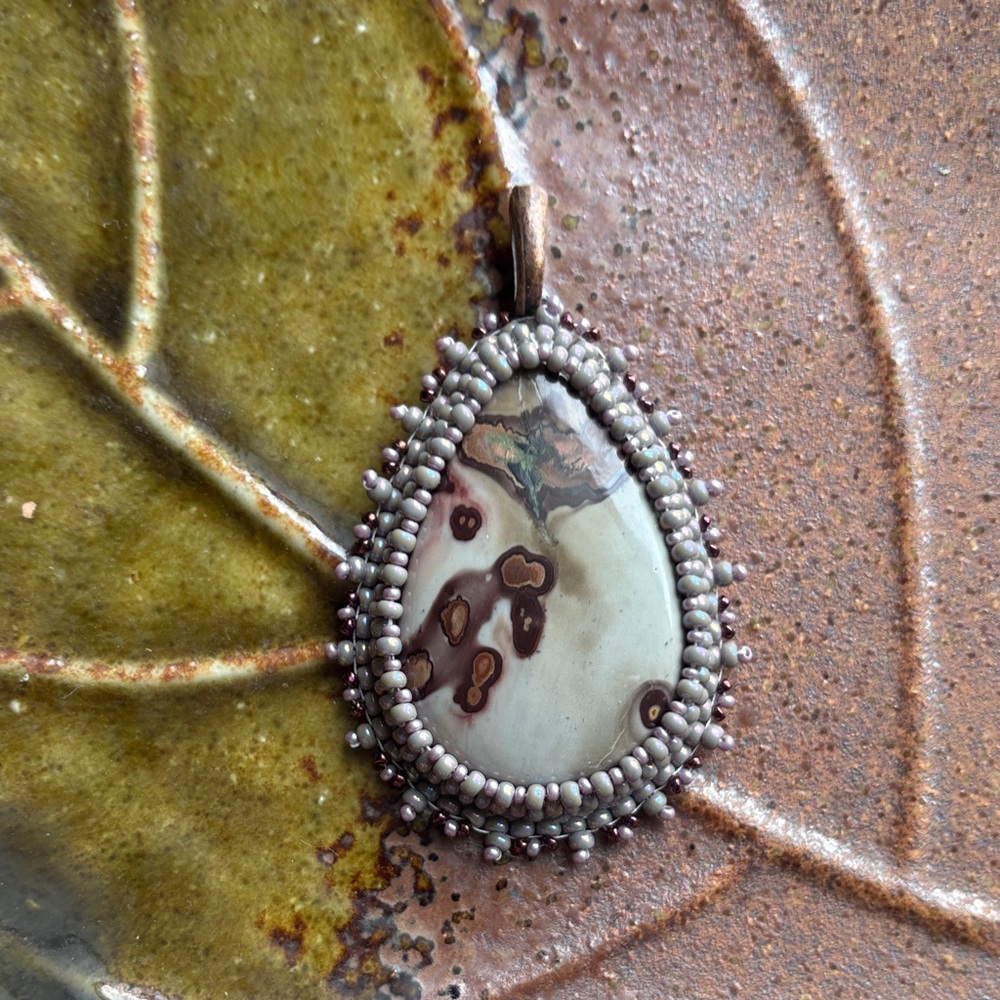 Bead Embroidered Teardrop Coffee Bean Jasper Pendant